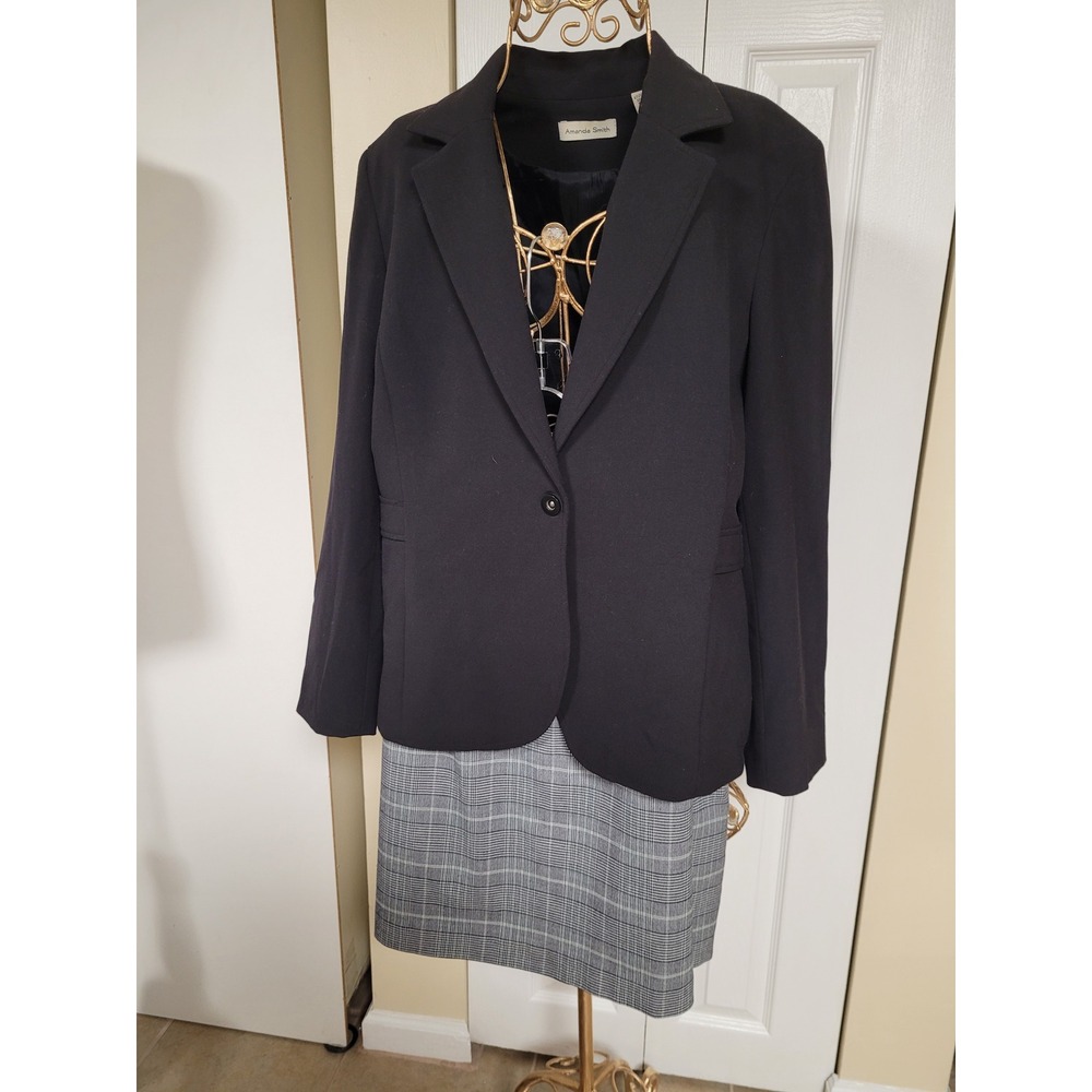 Amanda Smith Womens Professional Blazer SkirtSuit Black Grey Glen Plaid Size 14
